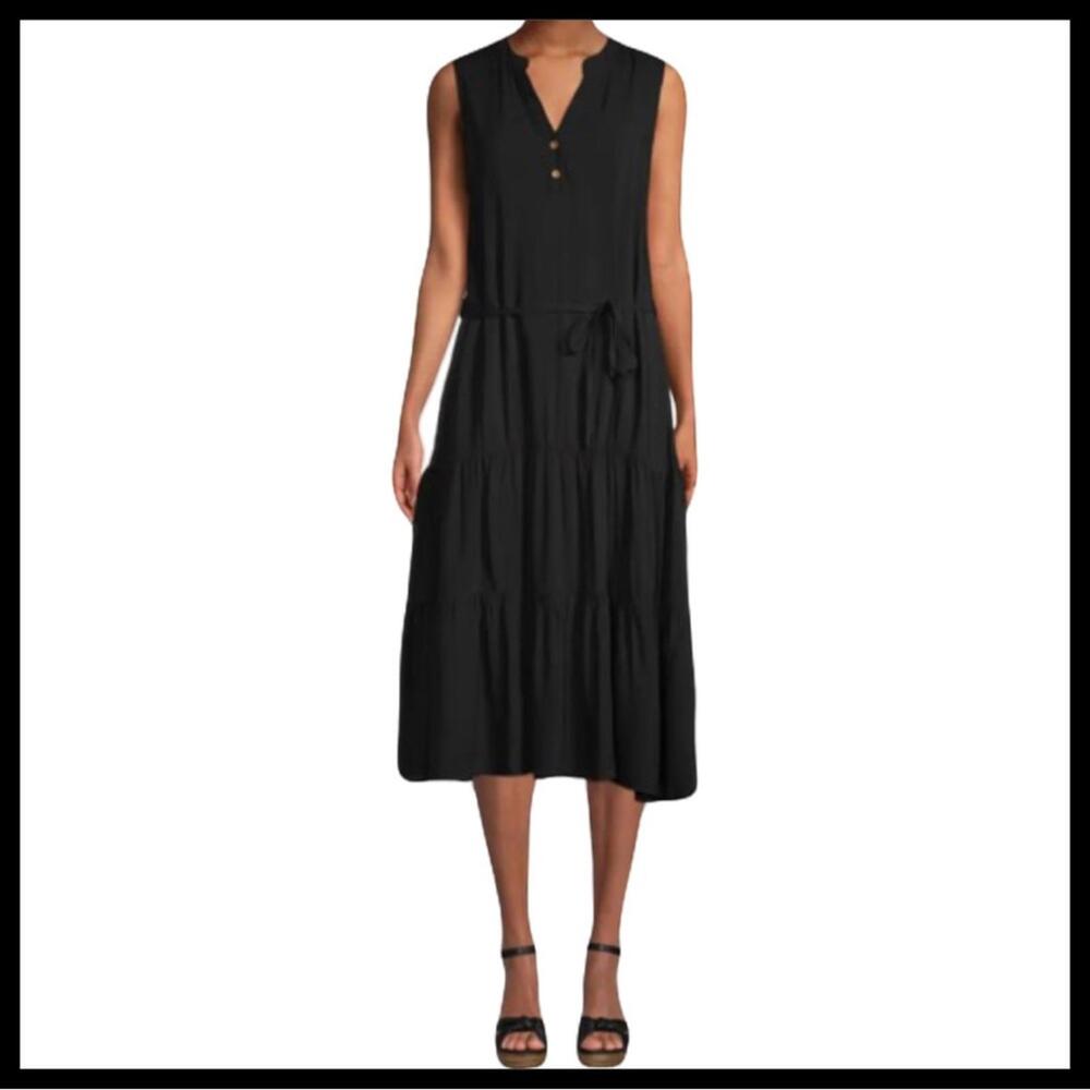 Saks Fifth Avenue Tiered Midi Sleeveless Black Dress